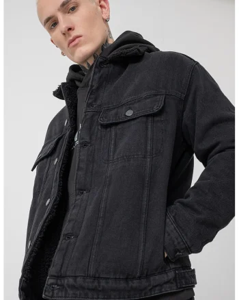 Jacheta din denim cu buzunare laterale, Negru