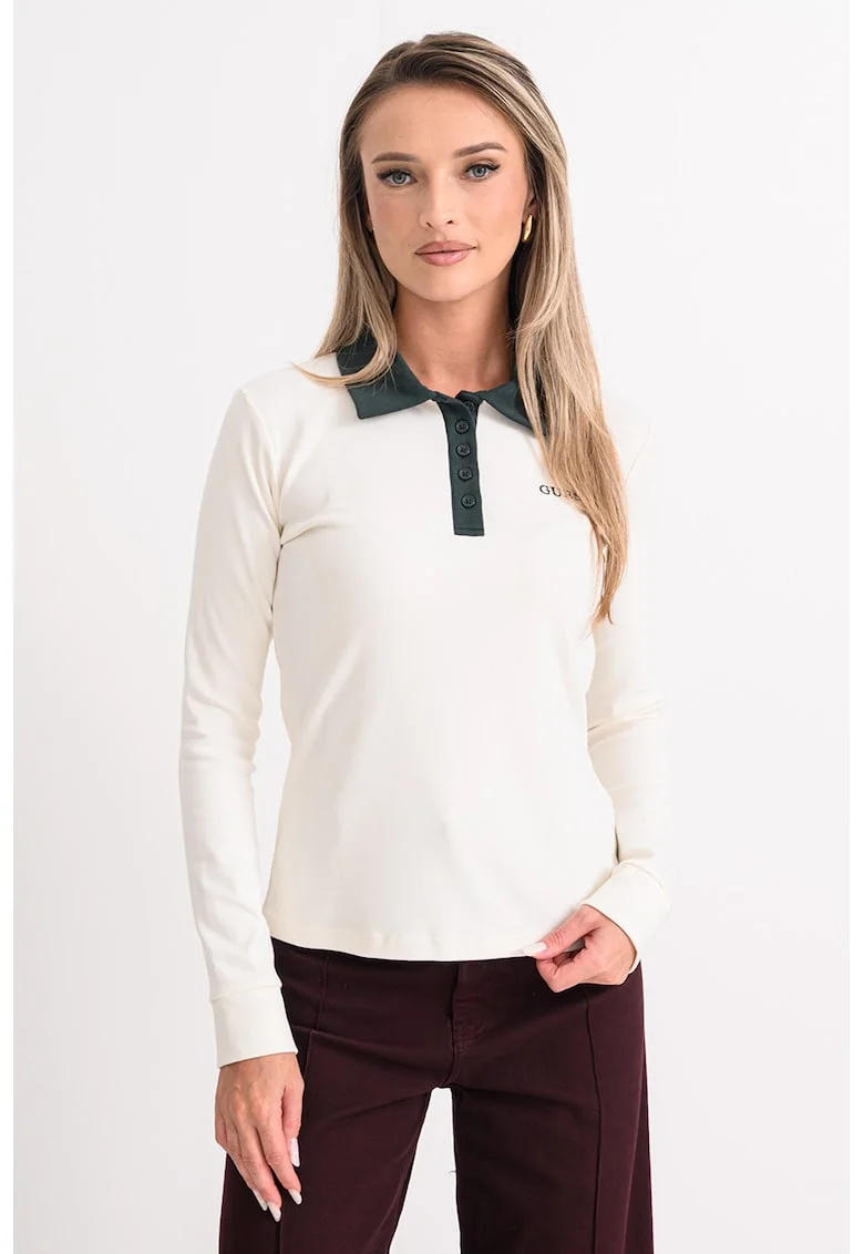 Bluza polo cu guler contrastant, Verde englez/Crem