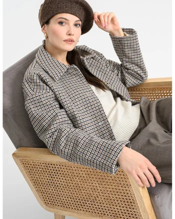 Jacheta din amestec de lana cu model houndstooth, Negru/Bej/Maro deschis