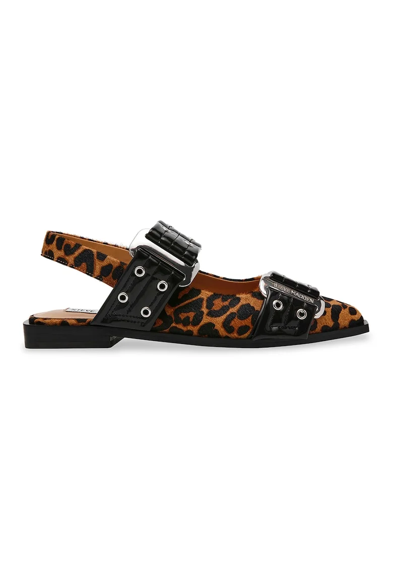 Balerini de piele ecologica cu garnituri animal print, Negru/Maro