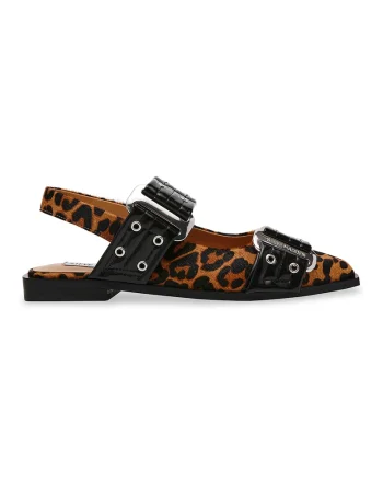 Balerini de piele ecologica cu garnituri animal print, Negru/Maro