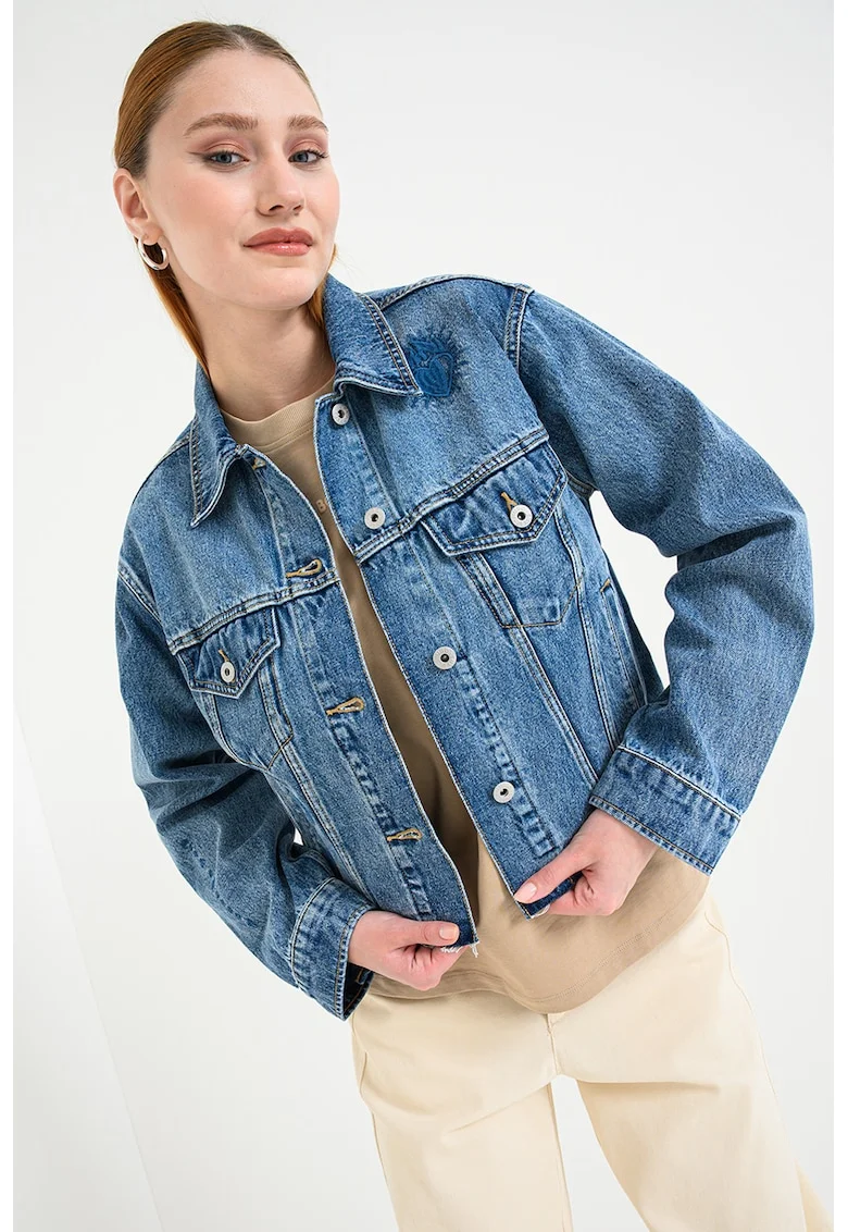 Jacheta crop de denim Anouk, Albastru melange