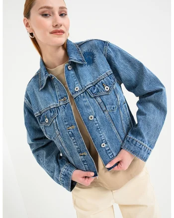 Jacheta crop de denim Anouk, Albastru melange