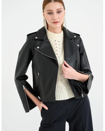 Jacheta biker de piele Lujana, Negru