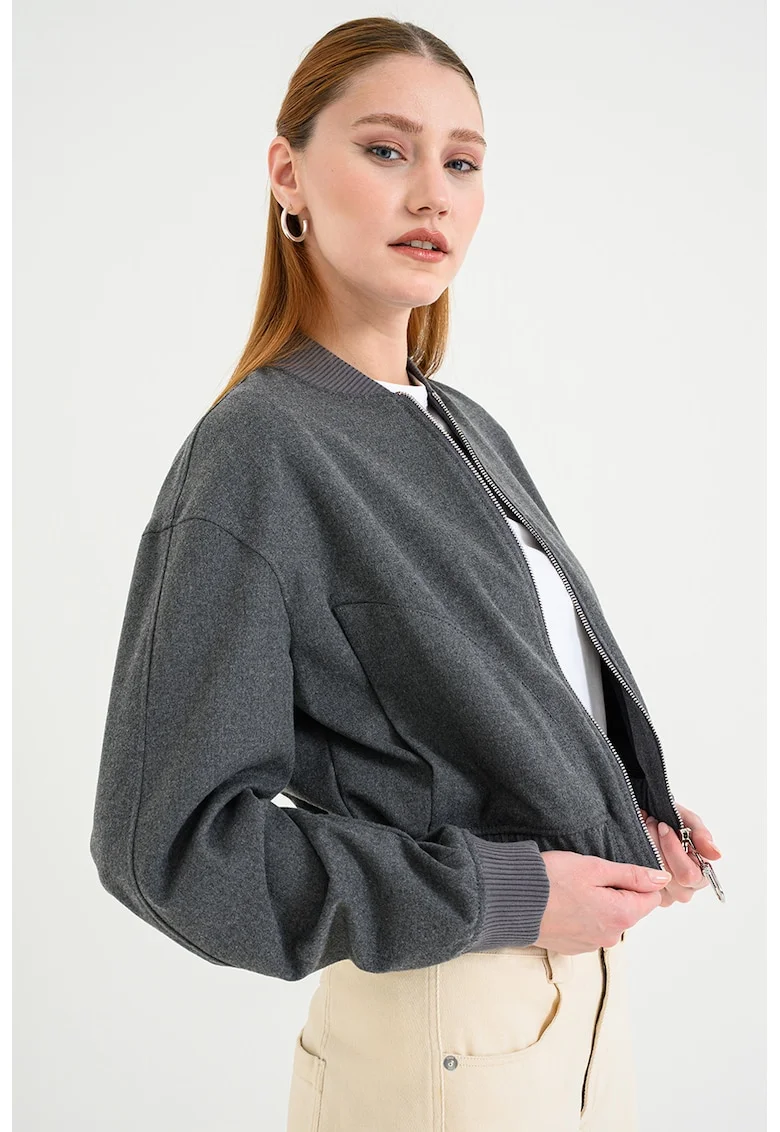 Jacheta bomber crop cu terminatie elastica Amirana, Gri inchis