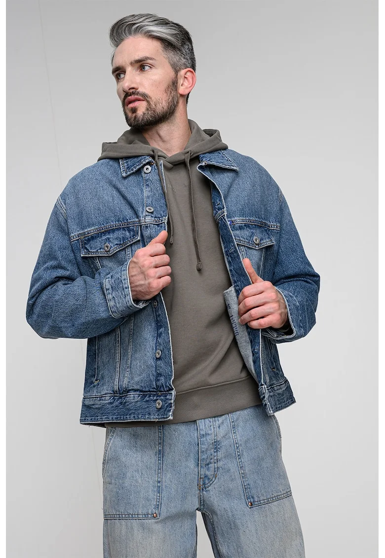 Jacheta de denim cu buzunare pe piept, Albastru deschis