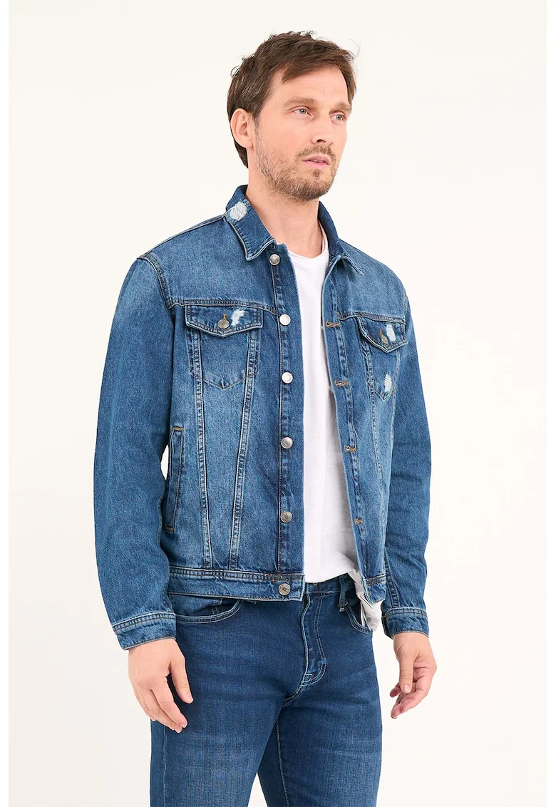 Jacheta din denim cu buzunare cu clapa, Albastru inchis