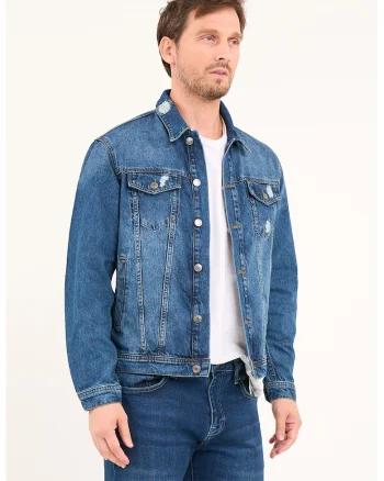 Jacheta din denim cu buzunare cu clapa, Albastru inchis