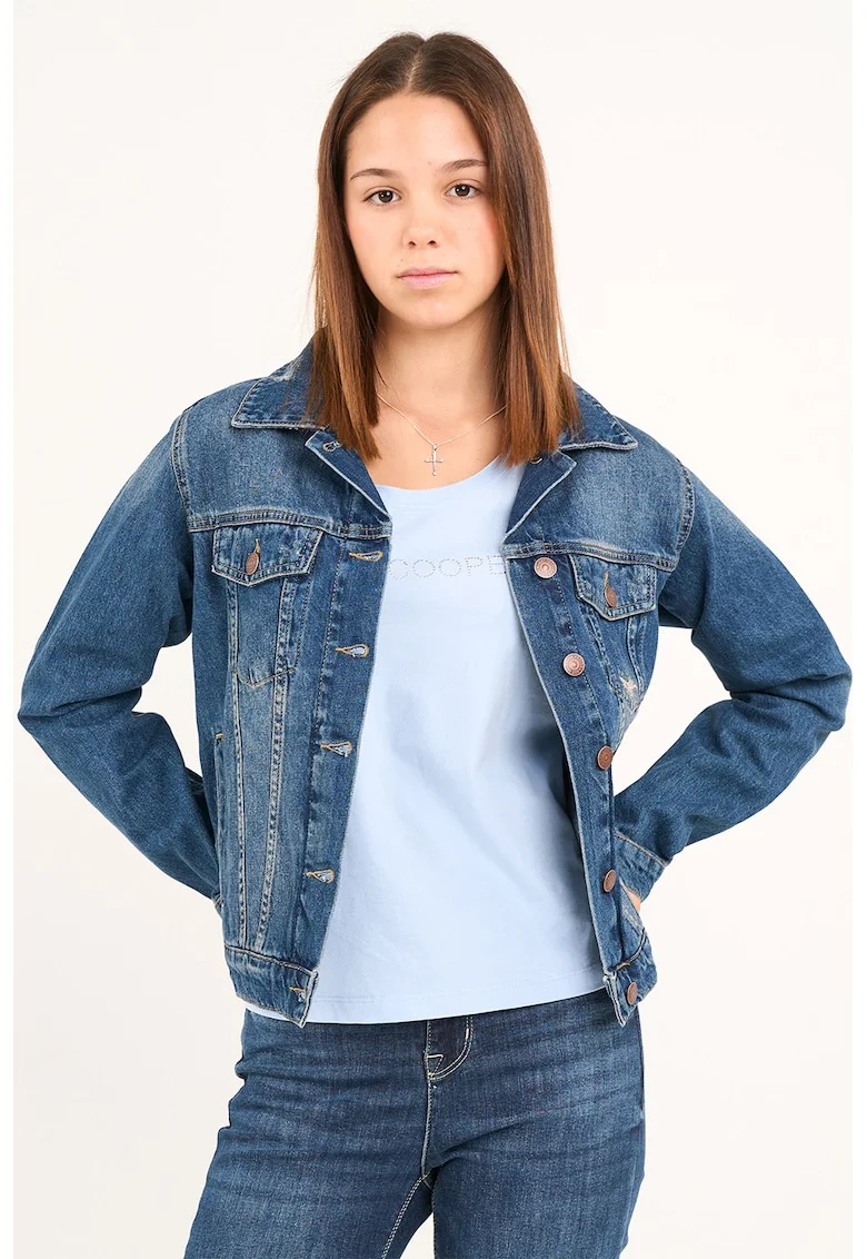 Jacheta din denim cu buzunare cu clapa, Albastru inchis