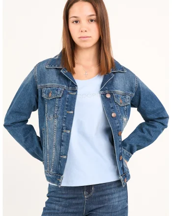 Jacheta din denim cu buzunare cu clapa, Albastru inchis