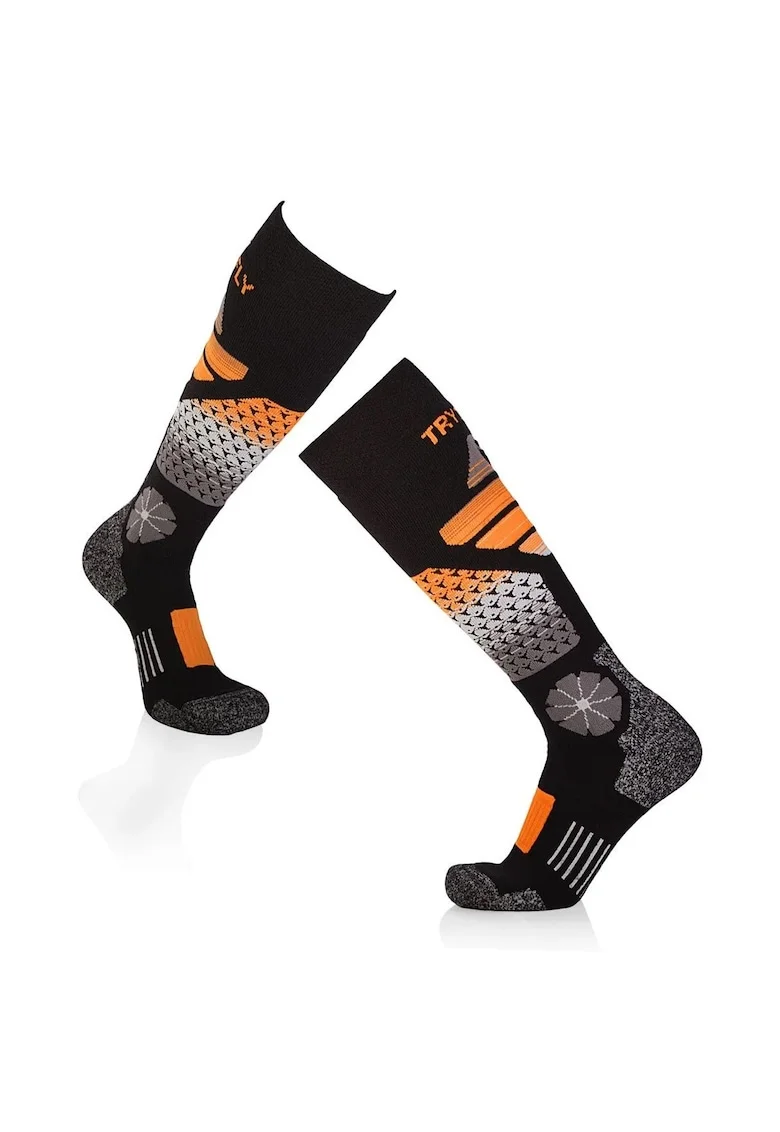 Sosete schi 3/4 lungi lana merino, Negru Portocaliu