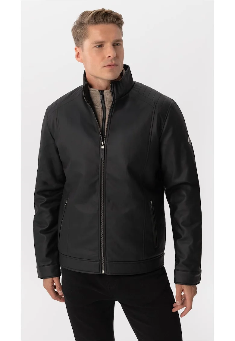 Geaca de piele ecologica, barbati, cu buzunare cu fermoar,  J-Nino, Neagra, Negru