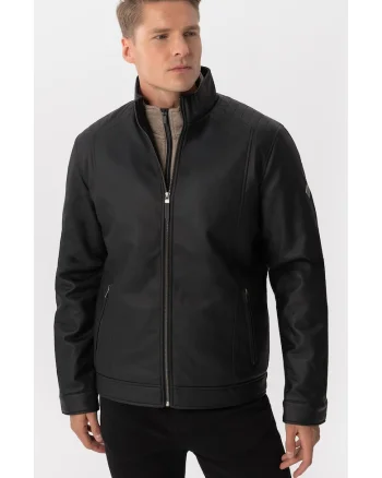 Geaca de piele ecologica, barbati, cu buzunare cu fermoar,  J-Nino, Neagra, Negru