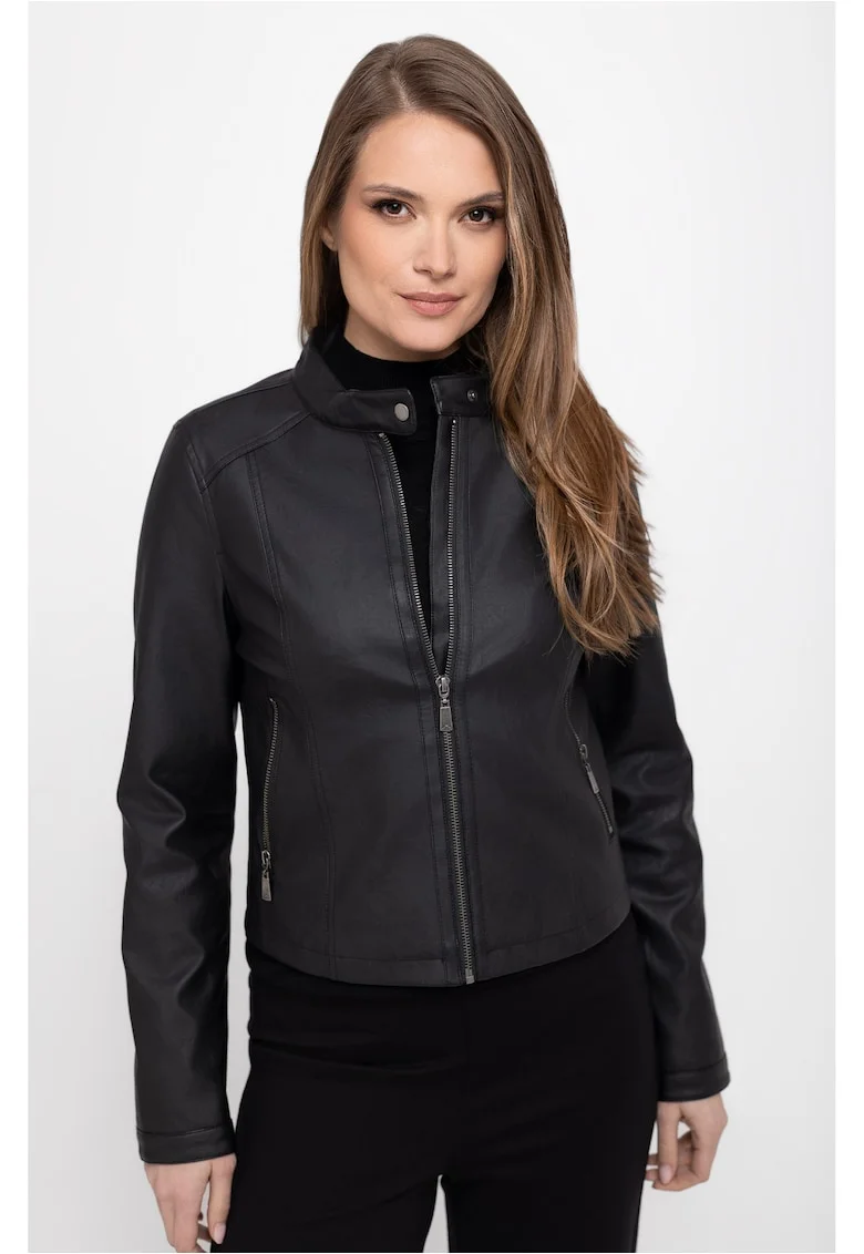 Jacheta dama, piele ecologica, fermoar, guler ridicat cu clapa,  J-Fittya, Negru, Negru