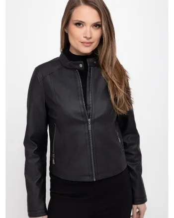 Jacheta dama, piele ecologica, fermoar, guler ridicat cu clapa,  J-Fittya, Negru, Negru