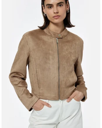 Jacheta crop Radford de piele intoarsa ecologica, Caramel