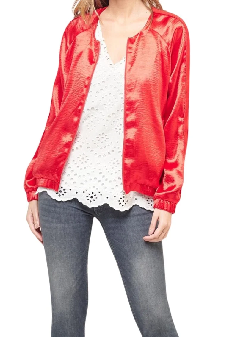 Geaca bomber  rosie, poliester, cu fermoar, pentru femei,