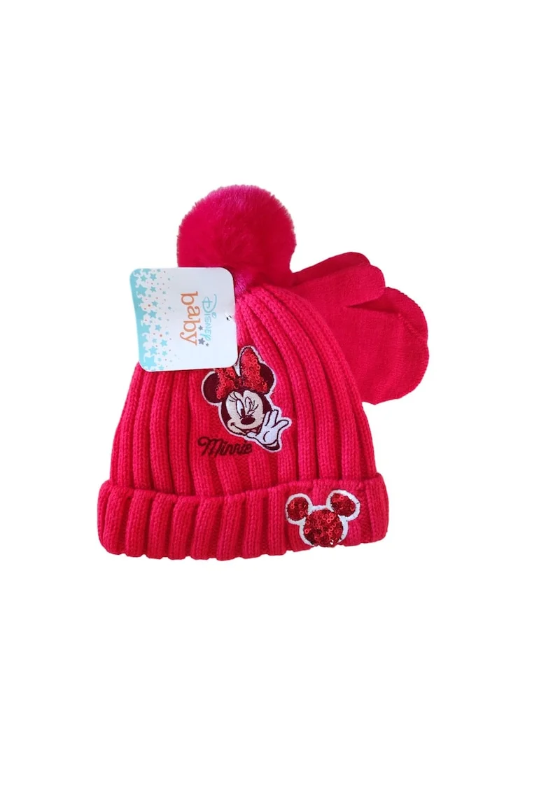 Set caciula si manusi  Minnie, rosu, acril, pentru fete, 50 EU