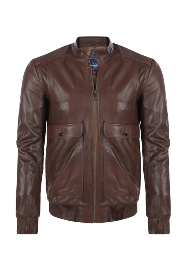 Jacheta din piele,  maro, guler ridicat, fermoar, barbati,