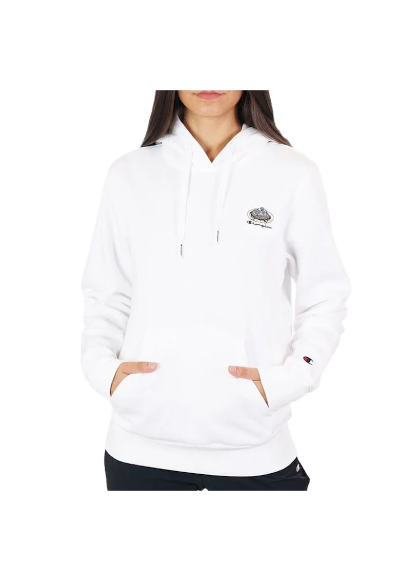 Hanorac sport dama  alb, bumbac si poliester, cu gluga, broderie,