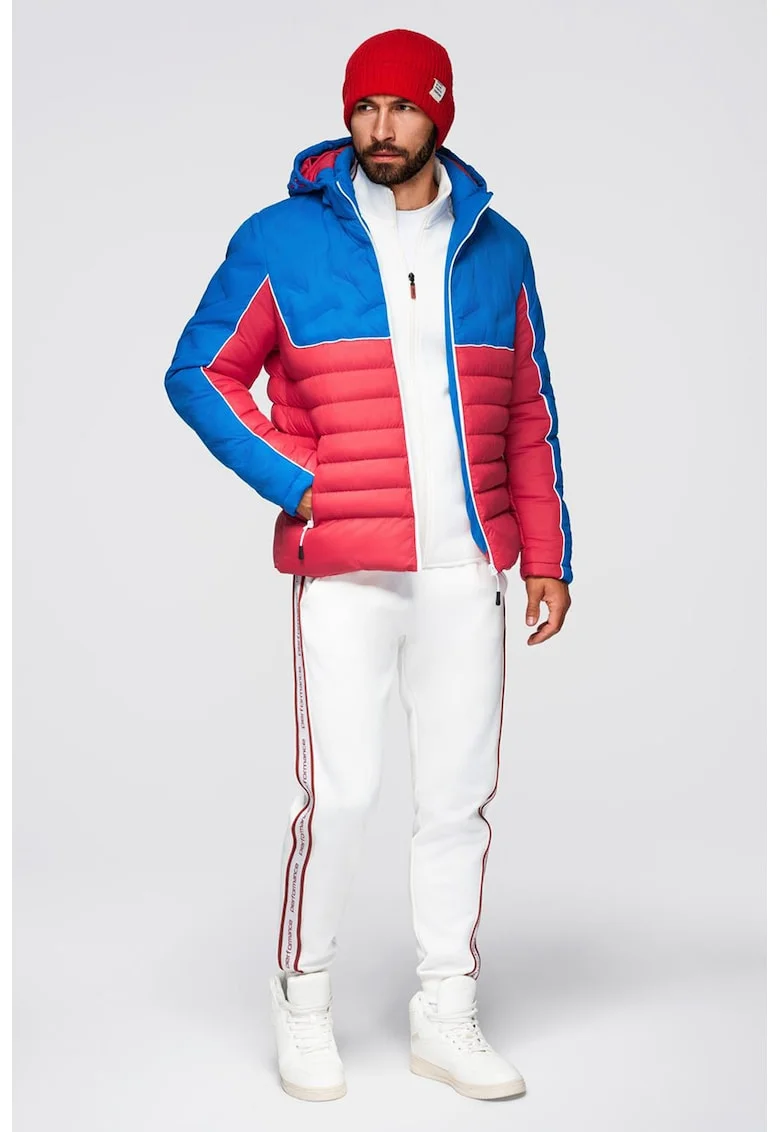 Geaca cu gluga si model colorblock, Rosu/Albastru royal