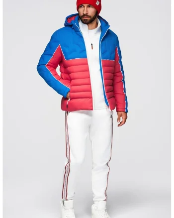 Geaca cu gluga si model colorblock, Rosu/Albastru royal