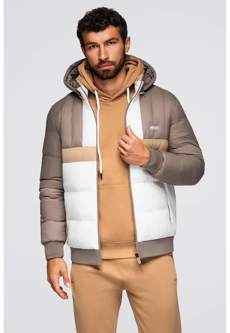 Geaca cu gluga si model colorblock, Alb/Maro taupe/Bej