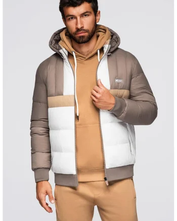 Geaca cu gluga si model colorblock, Alb/Maro taupe/Bej