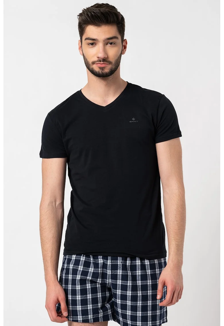 Tricou de casa cu decolteu in V si detaliu logo pe piept - 2 piese, Negru/Alb optic