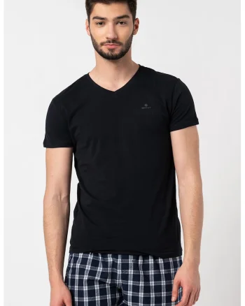 Tricou de casa cu decolteu in V si detaliu logo pe piept - 2 piese, Negru/Alb optic