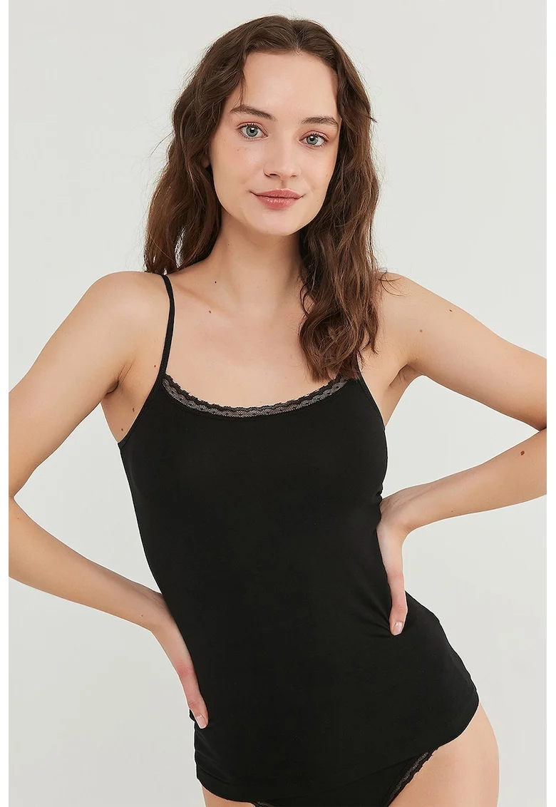 Top din amestec de modal cu garnitura de dantela, Negru