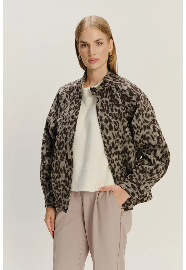 Jacheta lejera din amestec de lana cu animal print, Maro/Gri inchis