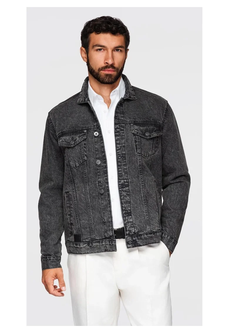 Jacheta din denim cu buzunare frontale, Negru
