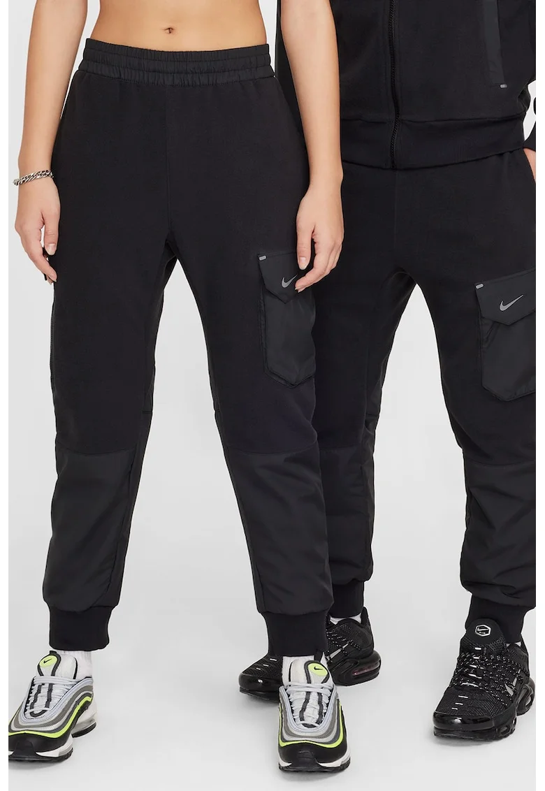 Pantaloni de trening cargo cu segmente din fleece, Negru