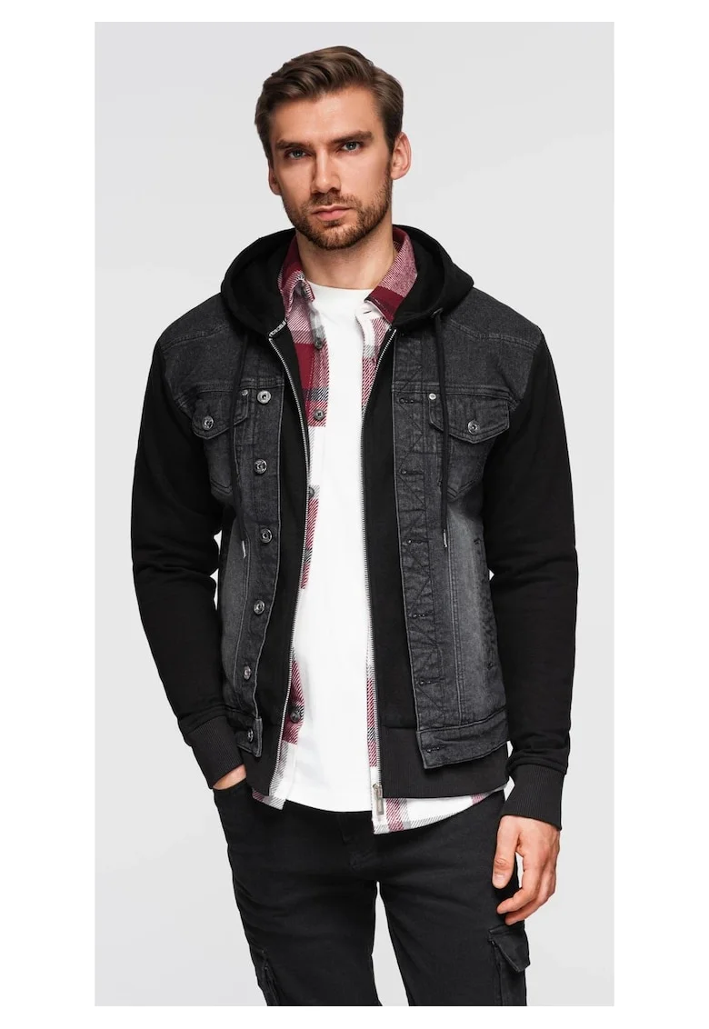 Jacheta din denim cu gluga, Negru