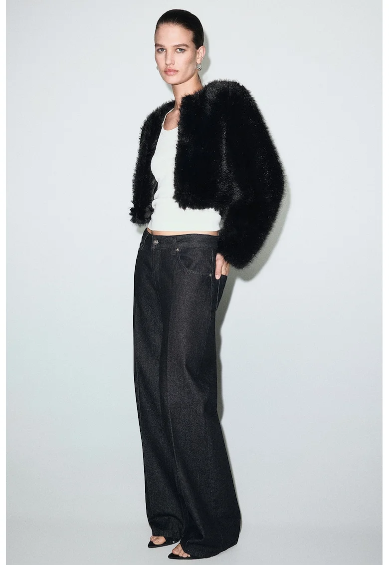 Jacheta crop de blana sintetica, Negru