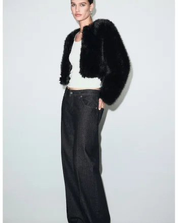 Jacheta crop de blana sintetica, Negru