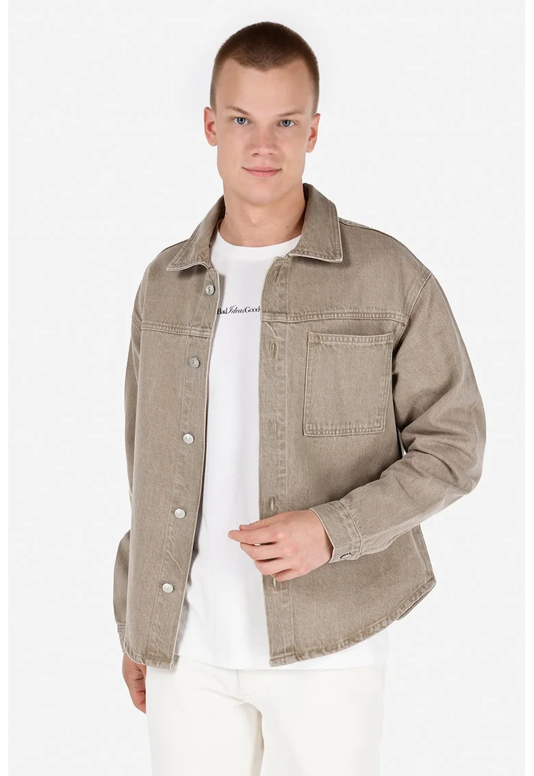 Jacheta-camasa din denim cu buzunar aplicat pe piept, Maro taupe deschis