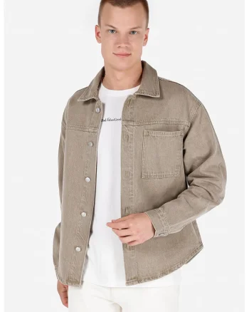 Jacheta-camasa din denim cu buzunar aplicat pe piept, Maro taupe deschis