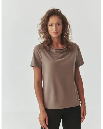 Bluza din amestec de modal cu decolteu drapat Luca, Maro taupe