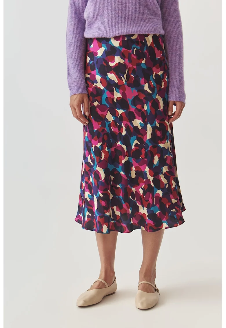 Fusta midi cu model abstract, Alb/Violet/Albastru