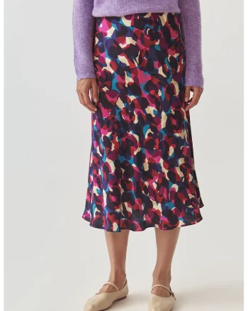 Fusta midi cu model abstract, Alb/Violet/Albastru