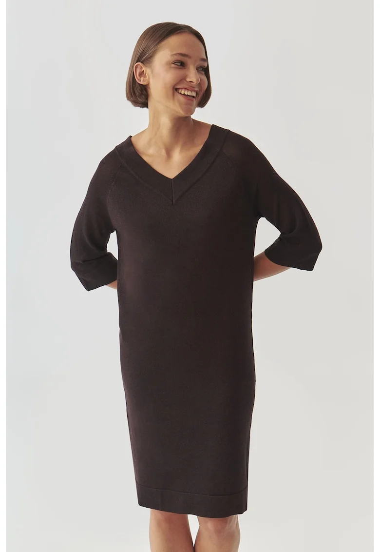 Rochie din tricot cu decolteu in V, Maro inchis