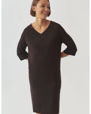 Rochie din tricot cu decolteu in V, Maro inchis