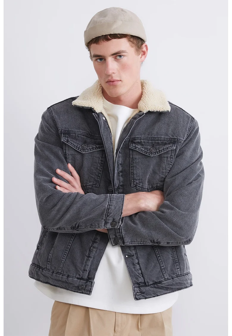 Jacheta din denim cu captuseala din material teddy, Gri antracit