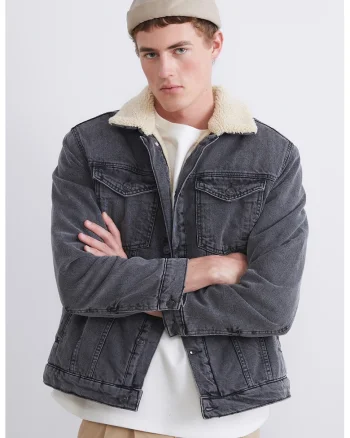 Jacheta din denim cu captuseala din material teddy, Gri antracit