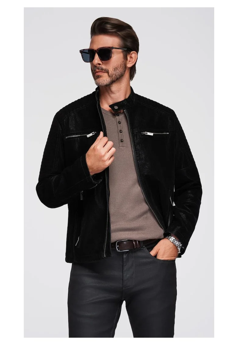 Jacheta de motociclista eleganta  C637, Negru, Negru