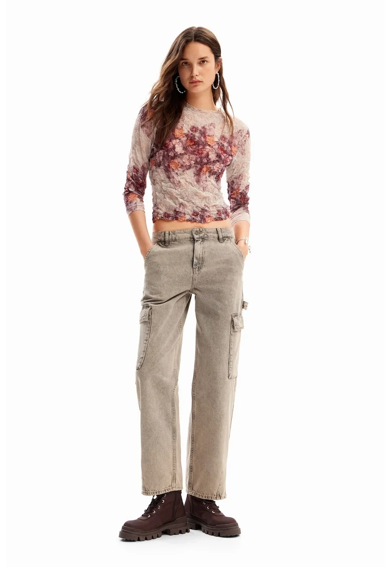 Bluza crop cu imprimeu abstract, Rosu inchis/Alb murdar