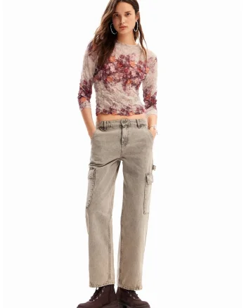 Bluza crop cu imprimeu abstract, Rosu inchis/Alb murdar