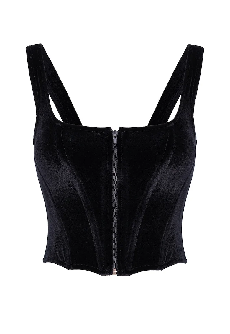 Top crop cu aspect de catifea si inchidere cu fermoar, Negru